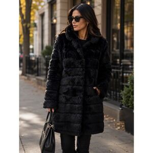 Wilsons Leather Pelle Studio Black Rabbit Fur Coat Tiered Mid Length Womens L